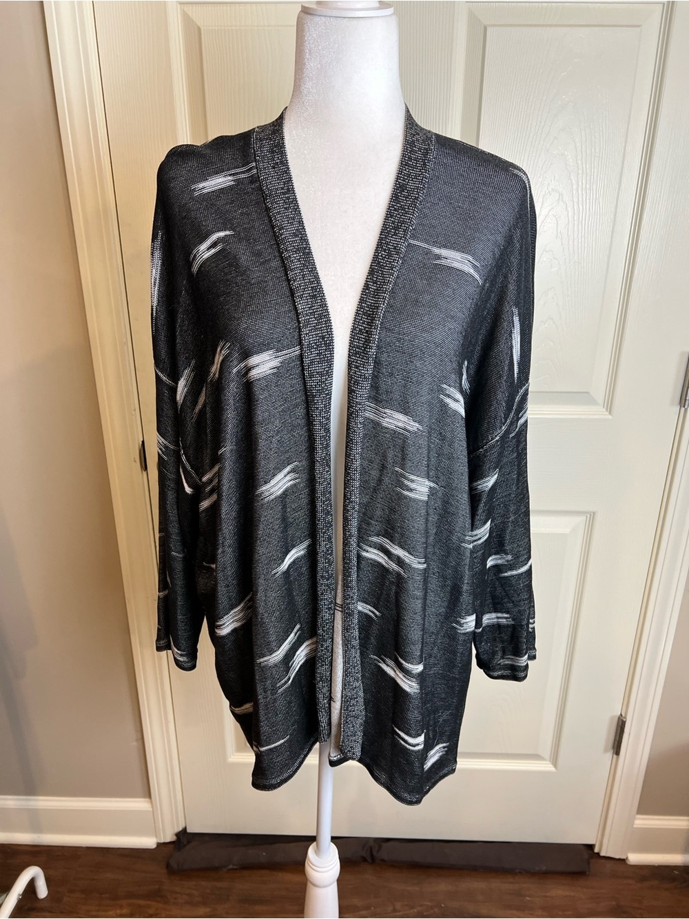 Eileen Fisher Open-Front Black & White Tencel Knit Cardigan Sweater XL